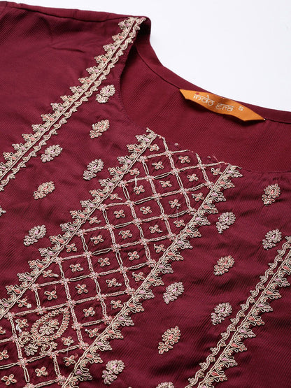 Indyancart IE Women Magenta Ethnic Motifs Embroidered Kurta with Trousers & With Dupatta