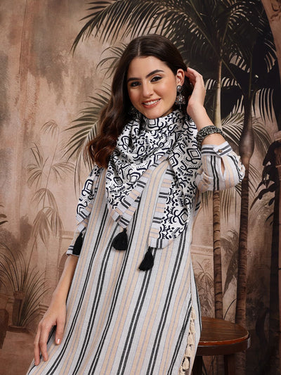 Indyancart SN Women's Striped Pure Cotton Kurta With Palazzos & Dupatta