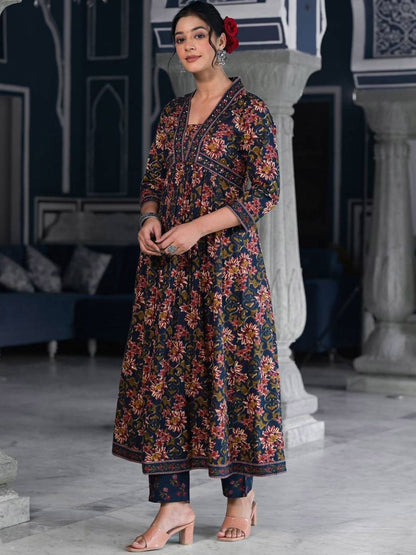 Indyancart VA Women'sFloral Printed & Sequinned Pure Cotton Anarkali Kurta With Trouser & Dupatta