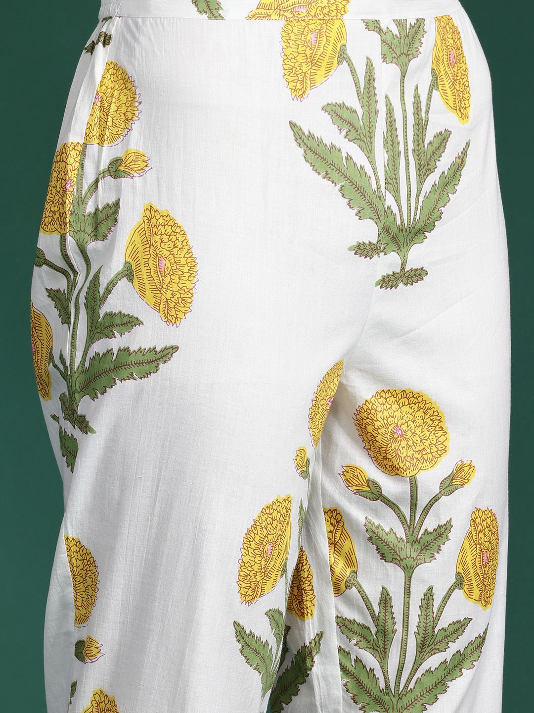 Indyancart IE Floral Printed Pleated Pure Cotton Kurta with Trousers