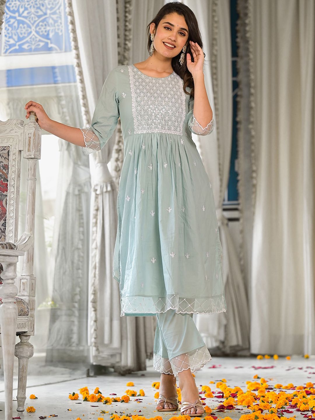 Indyancart VA Women'sEmbroidered Sequinned Pure Cotton Kurta With Trousers & Dupatta