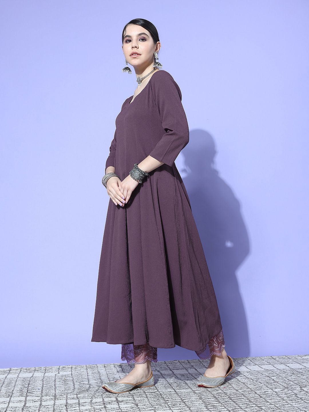 Indyancart VA Women's Panelled Silk Crepe Kurta with Trousers & With Dupatta