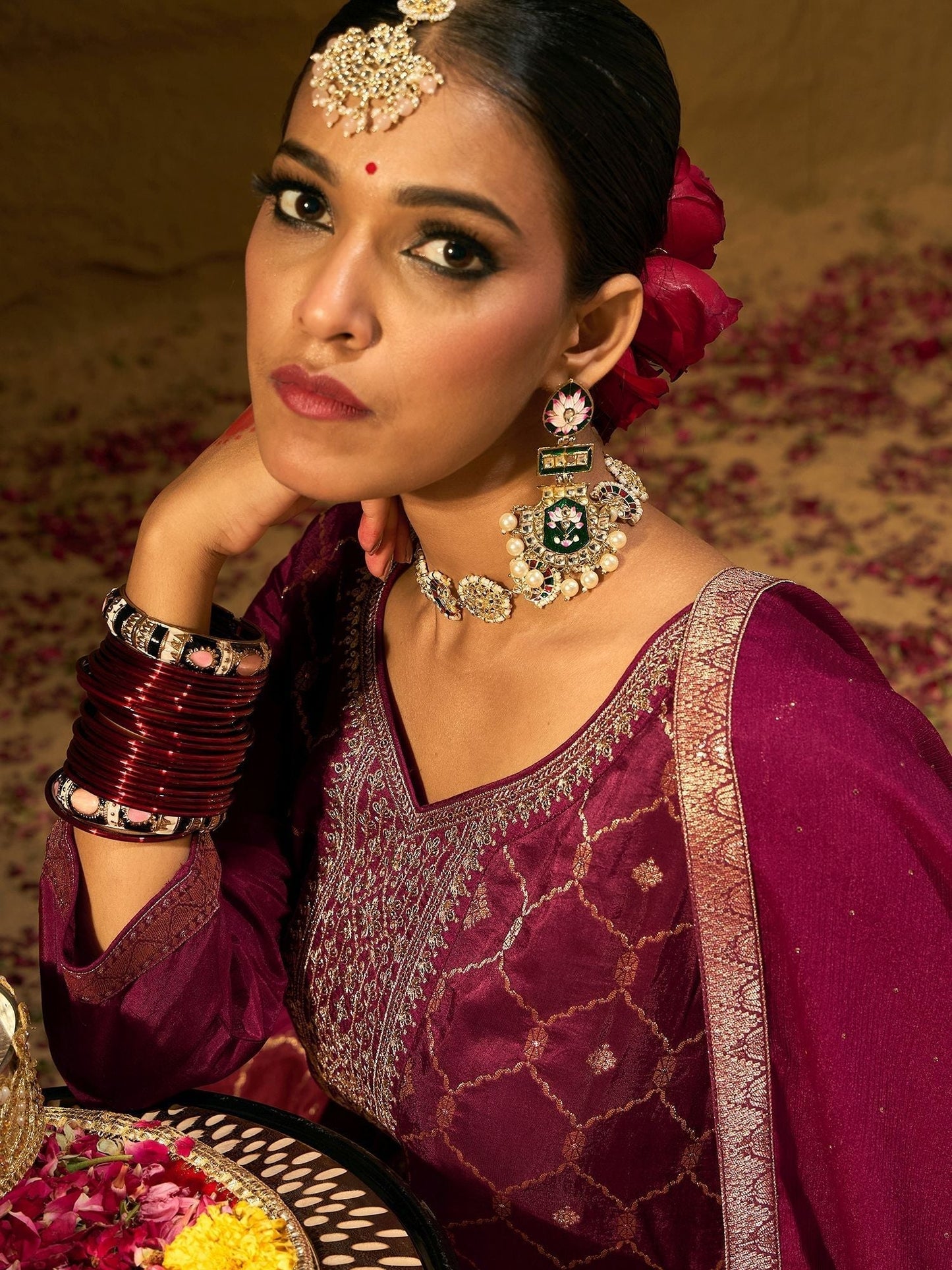 Indyancart IE Floral Embroidered Embellished V-Neck Straight Kurta with Trouser And Dupatta