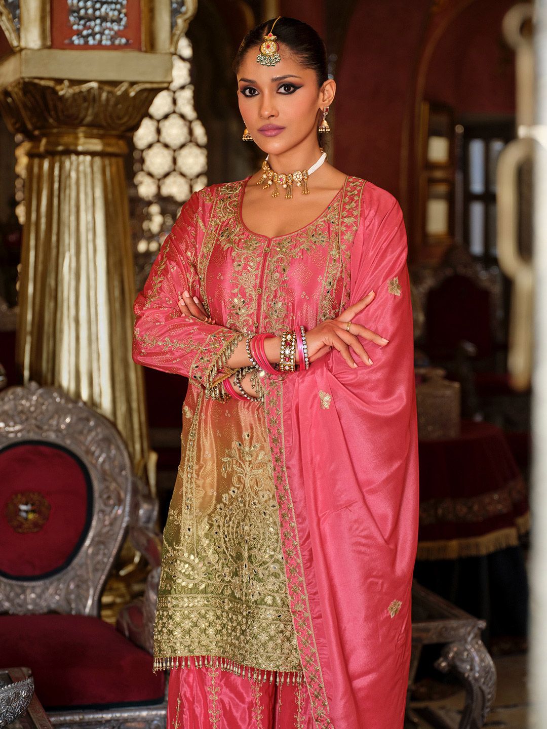 Women Ethnic Motifs Embroidered Regular Mirror Work Kurta with Palazzos & Dupatta