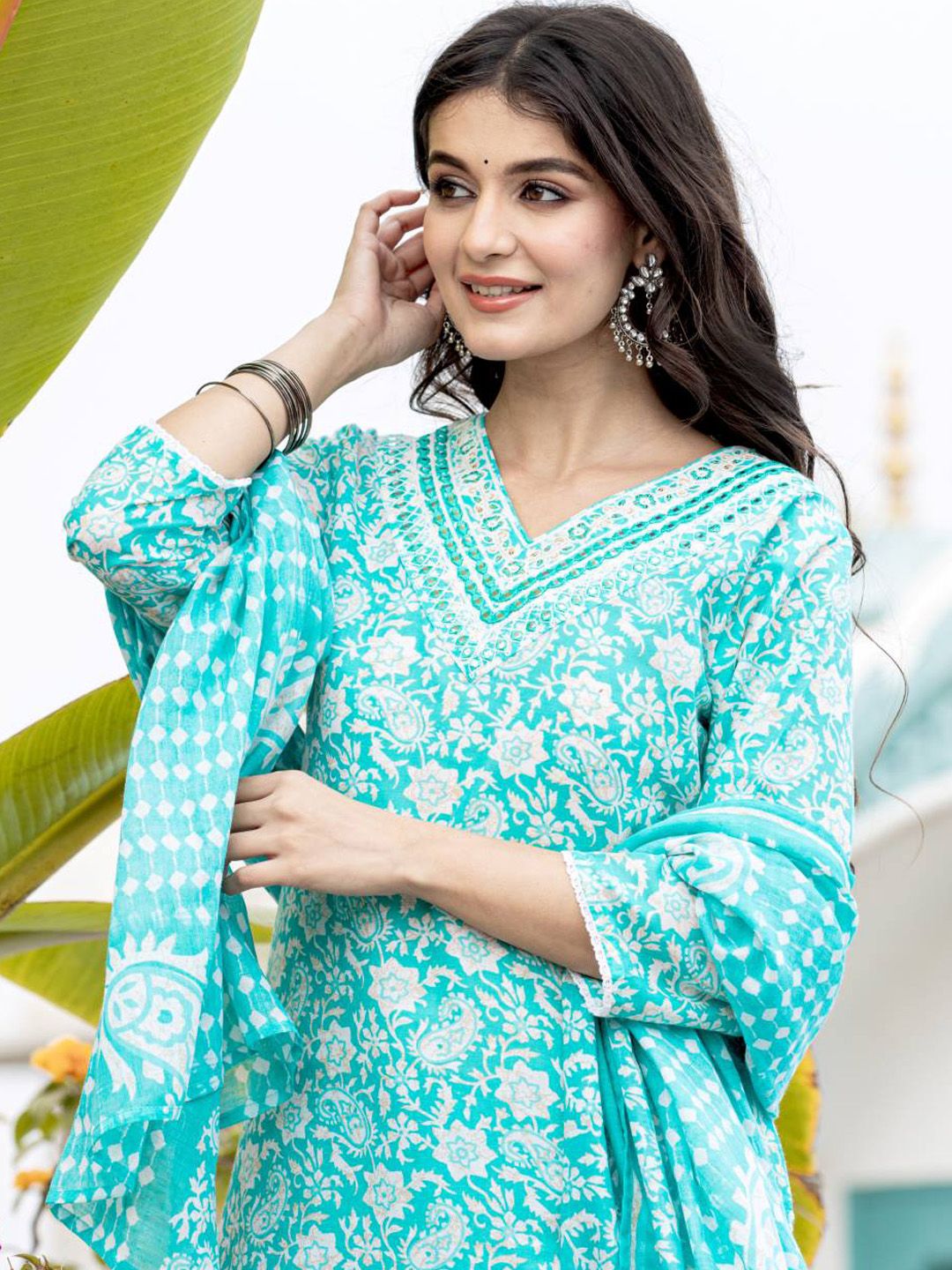 Indyancart VA Women'sEthnic Motifs Printed Regular Mirror Work Kurta with Trouser & Dupatta