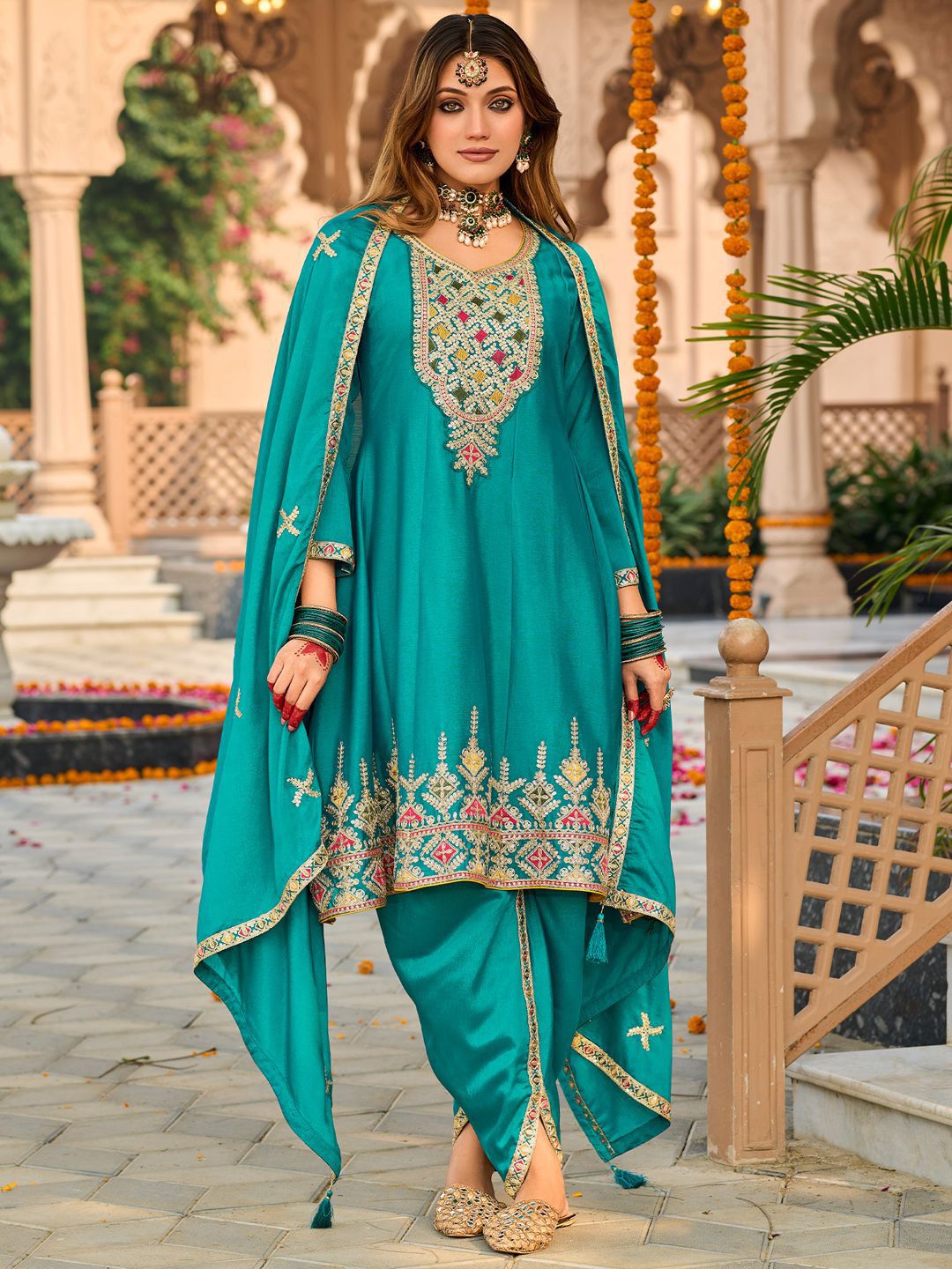 Floral Embroidered Mirror Work Sequinned Anarkali Kurta With Dhoti & Dupatta