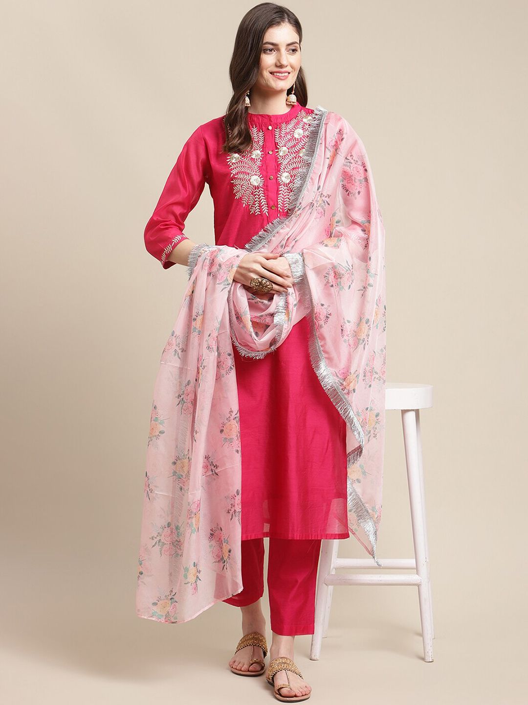 Indyancart VA Women's Magenta Floral Chanderi Silk Kurta with Trousers & With Dupatta