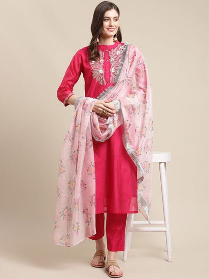 Indyancart VA Women's Magenta Floral Chanderi Silk Kurta with Trousers & With Dupatta