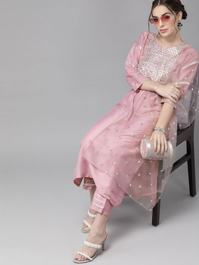 Indyancart VA Women'sRich Mauve And Silver Embroidered Kurta Set