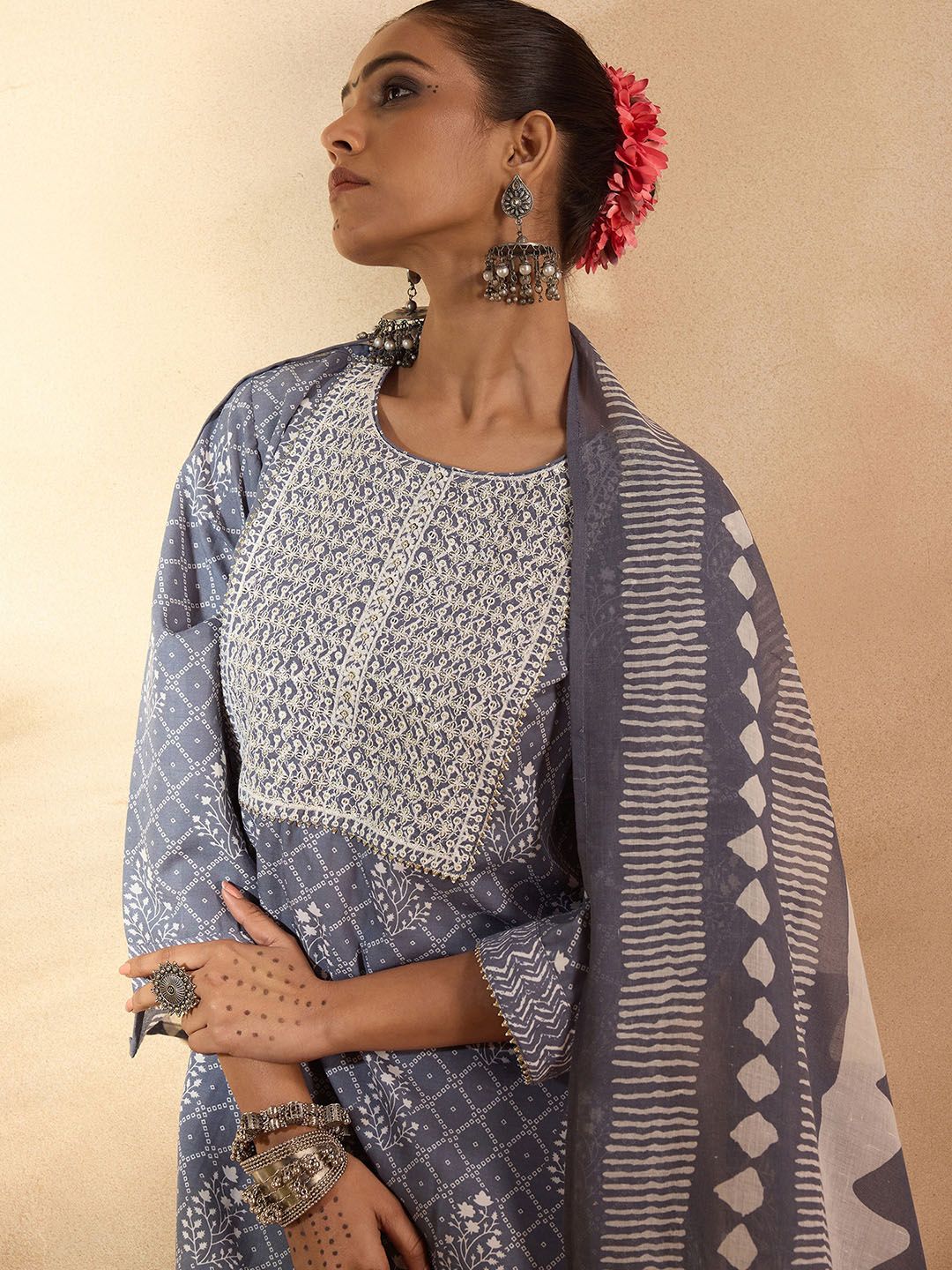 Indyancart IE Floral Printed Pure Cotton Straight Kurta with Trousers & Dupatta