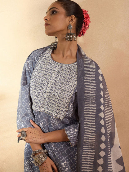 Indyancart IE Floral Printed Pure Cotton Straight Kurta with Trousers & Dupatta