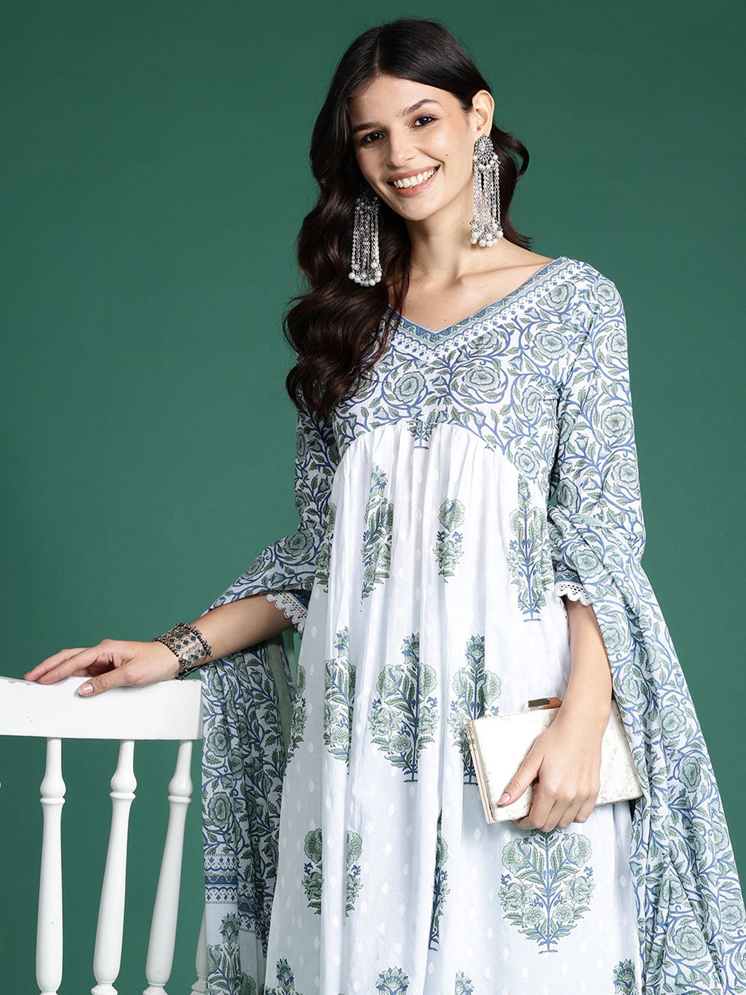 Indyancart IE Women Floral Printed Empire Pure Cotton Kurta With Palazzos & Dupatta