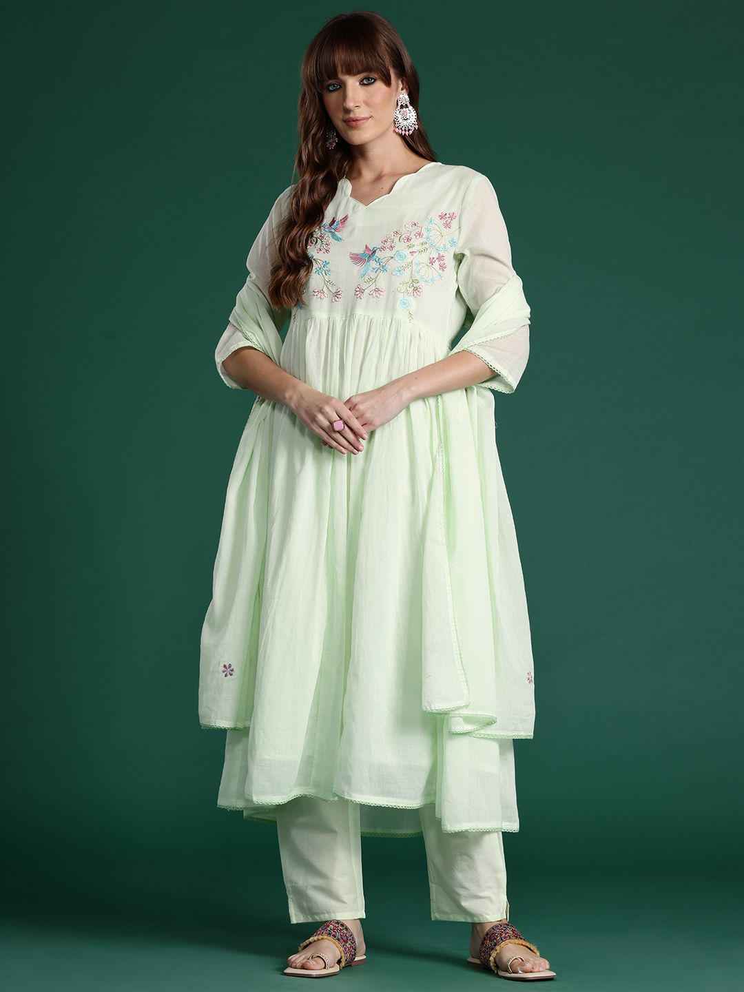 Indyancart IE Floral Embroidered Pleated Thread Work Pure Cotton Kurta with Trousers & Dupatta