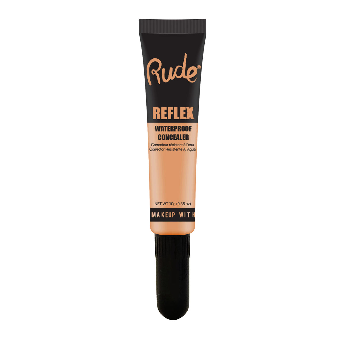 Rude Cosmetics Reflex Waterproof Concealer in Creamy Beige 06, close-up of the tube showing product label and applicator.