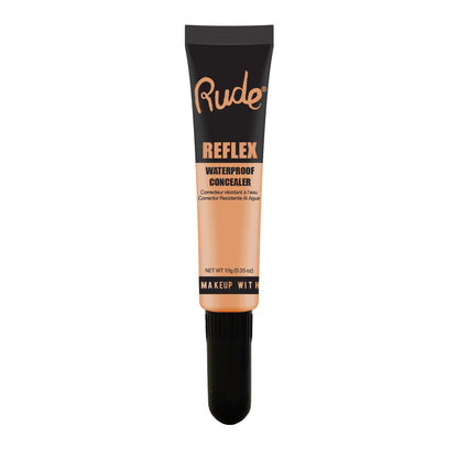 Rude Cosmetics Reflex Waterproof Concealer in Creamy Beige 06, close-up of the tube showing product label and applicator.