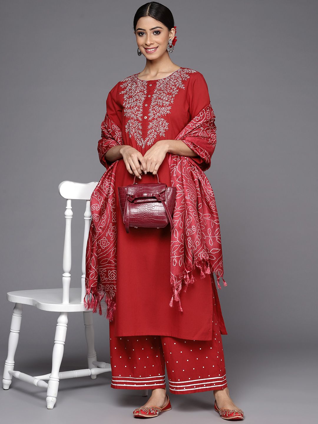 Indyancart VA Women's Rust Ethnic Motifs Yoke Design Kurta with Palazzos & With Dupatta
