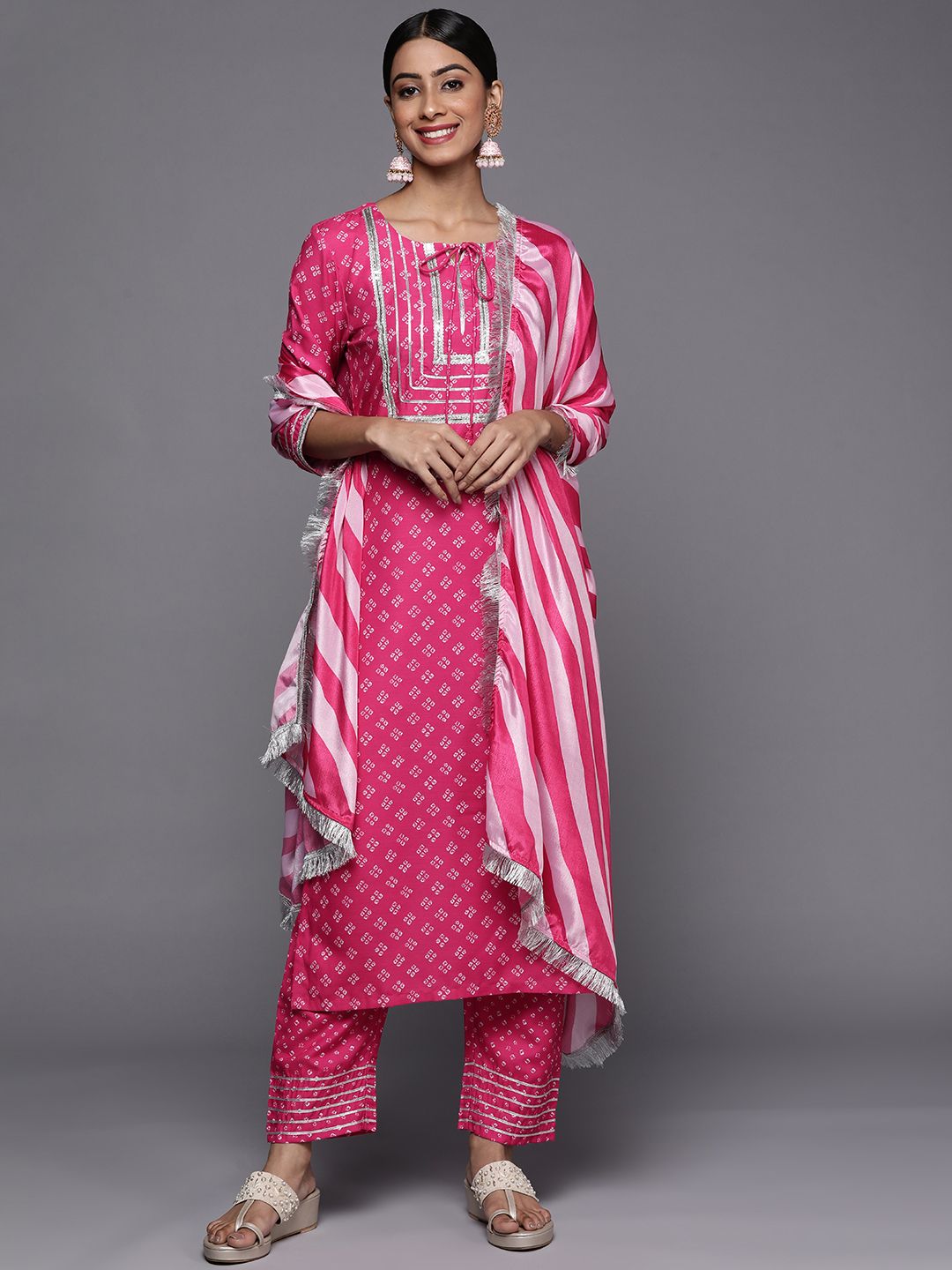 Dhiyona VA Women's Pink Bandhani Printed Kurta with Trousers & With Dupatta