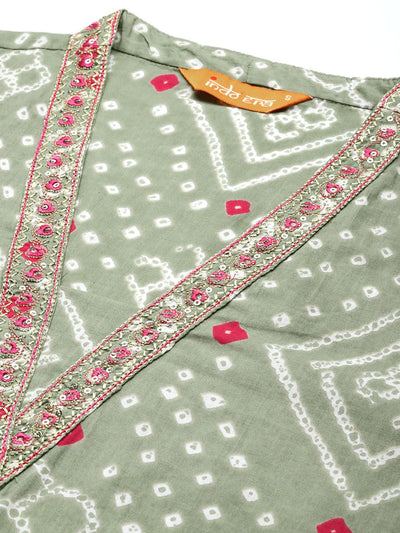 Indyancart IE Bandhani Printed Thread Work Pure Cotton Kurta with Trousers & With Dupatta