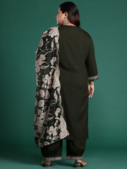 Indyancart IE Plus Size Floral Embroidered Kurta with Salwar & With Dupatta