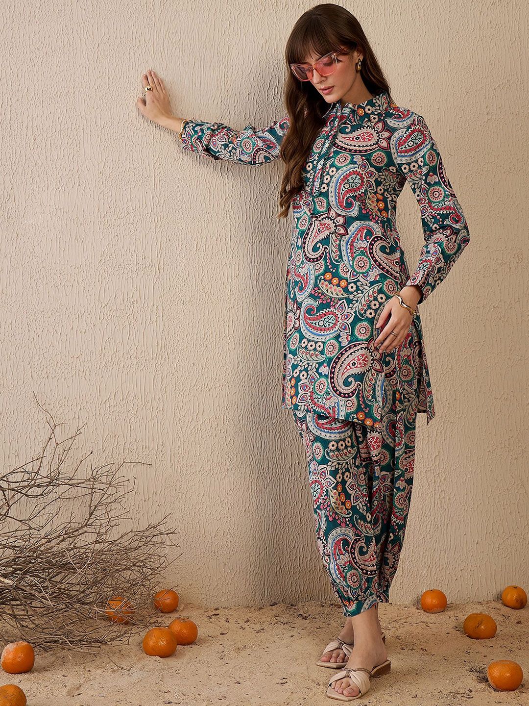 Indyancart IE Printed Shirt Collar Pure Cotton Straight Tunic With Trouser