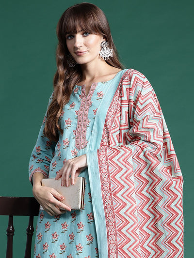 Indyancart IE Floral Printed Pure Cotton Kurta With Trousers & Dupatta