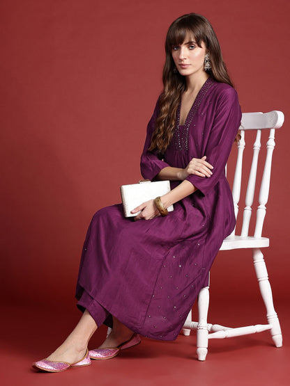 Embroidered Panelled Sequinned Kurta with Trousers