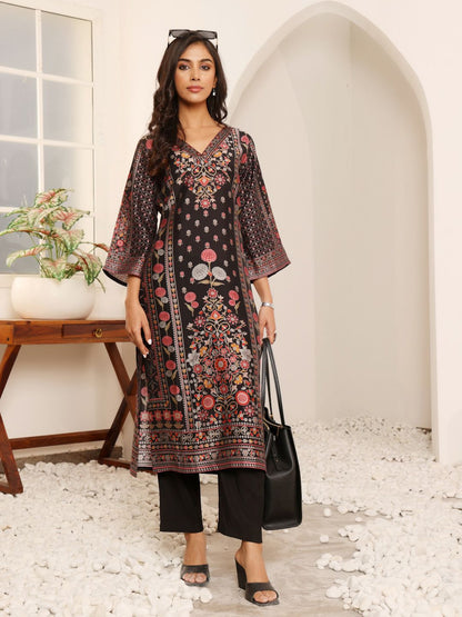 Dhiyona VA Women'sFloral Printed V-Neck A-Line Chanderi Silk Straight Kurta with Trousers