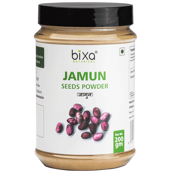 Bixa Botanical Jamun Powder, an Ayurvedic herbal powder from Bixa Botanical, shown in a close-up image of the powder in a container.