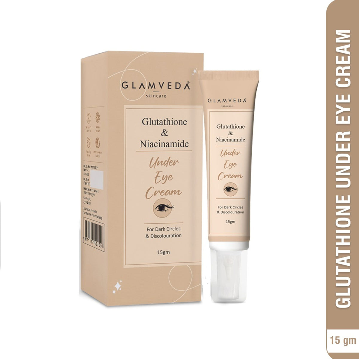 Glamveda Glutathione and Niacinamide under eye cream jar with product label visible, designed to reduce dark circles and brighten skin.