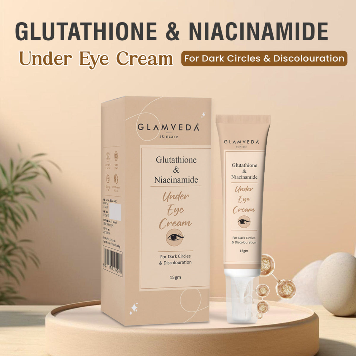 Glamveda Glutathione and Niacinamide Under Eye Cream jar with product packaging on a neutral background