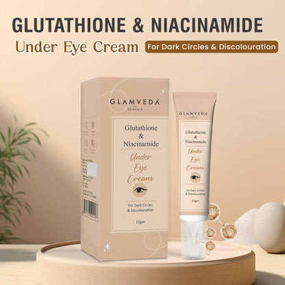 Glamveda Glutathione and Niacinamide Under Eye Cream jar with product packaging on a neutral background