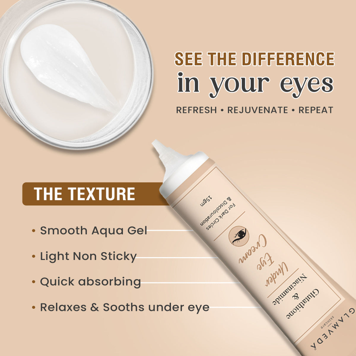 Glamveda Glutathione and Niacinamide Under Eye Cream jar with product label and applicator in close-up shot