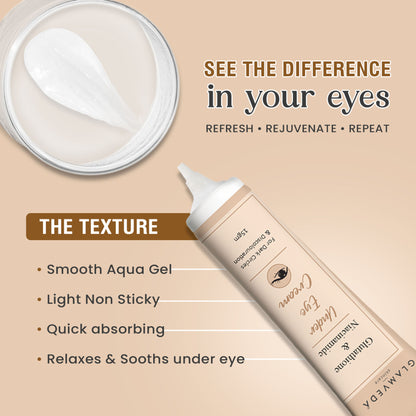 Glamveda Glutathione and Niacinamide Under Eye Cream jar with product label and applicator in close-up shot