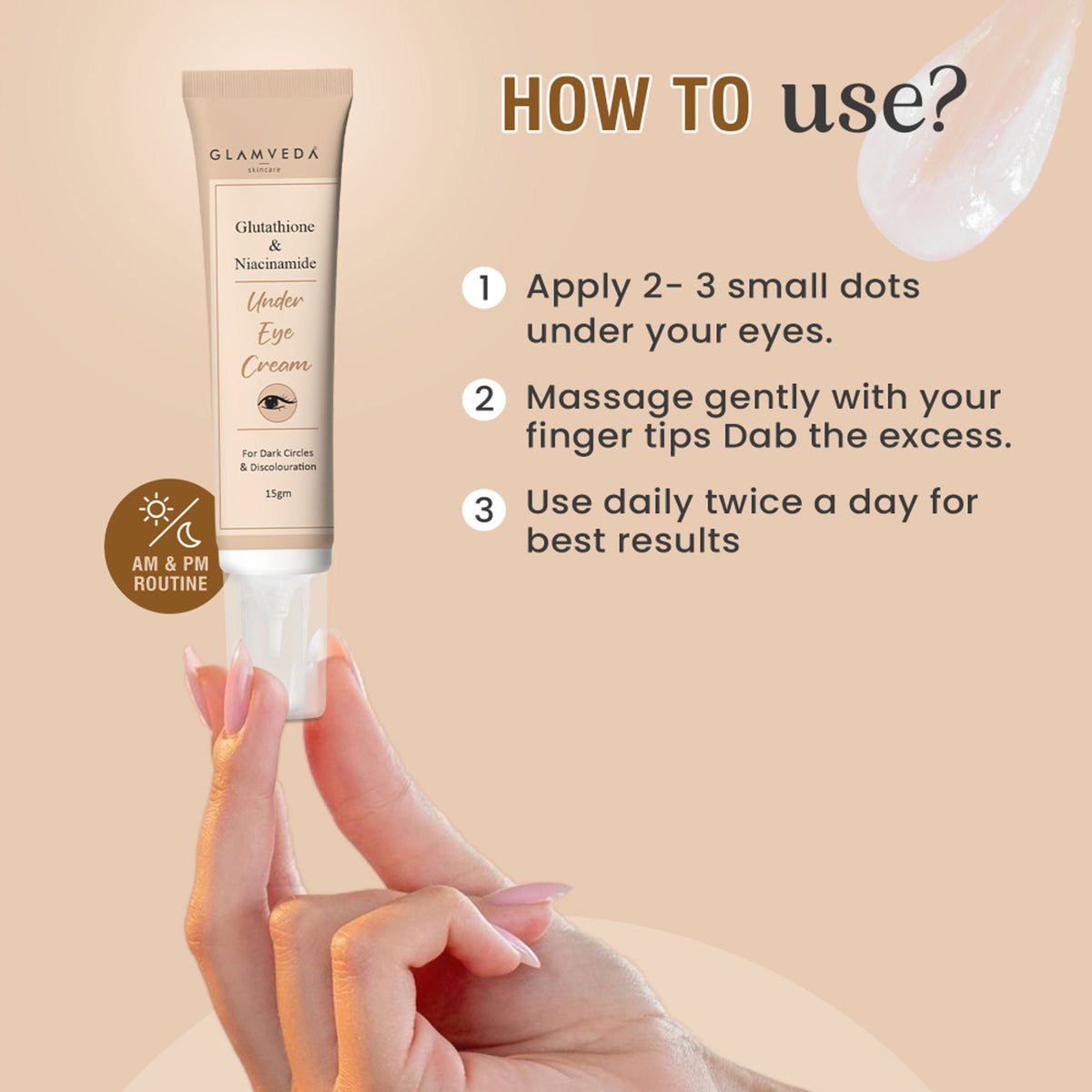 Glamveda Glutathione & Niacinamide under eye cream jar with ingredients list and applicator tip visible.