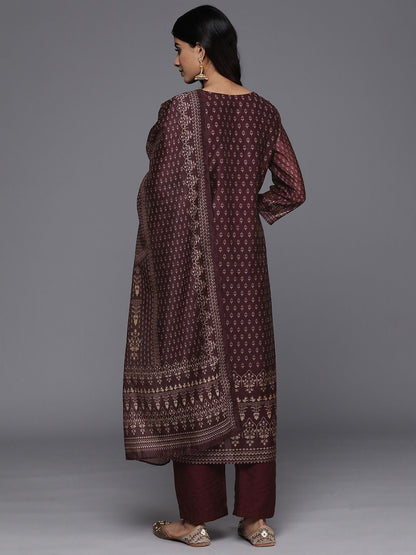 Indyancart VA Women'sEthnic Motifs Printed Sequinned Chanderi Silk Kurta with Trousers & Dupatta
