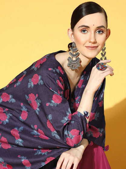Indyancart VA Women's Navy Blue Floral Printed Kurta with Trousers
