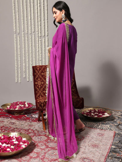 Indyancart VA Women's Purple Ethnic Motifs Yoke Design Pure Cotton Kurta with Trousers & Dupatta