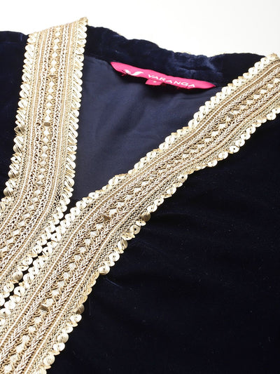 Indyancart VA Women'sZari & Sequin Embroidered Winter Velvet Kurta with Trousers & Dupatta