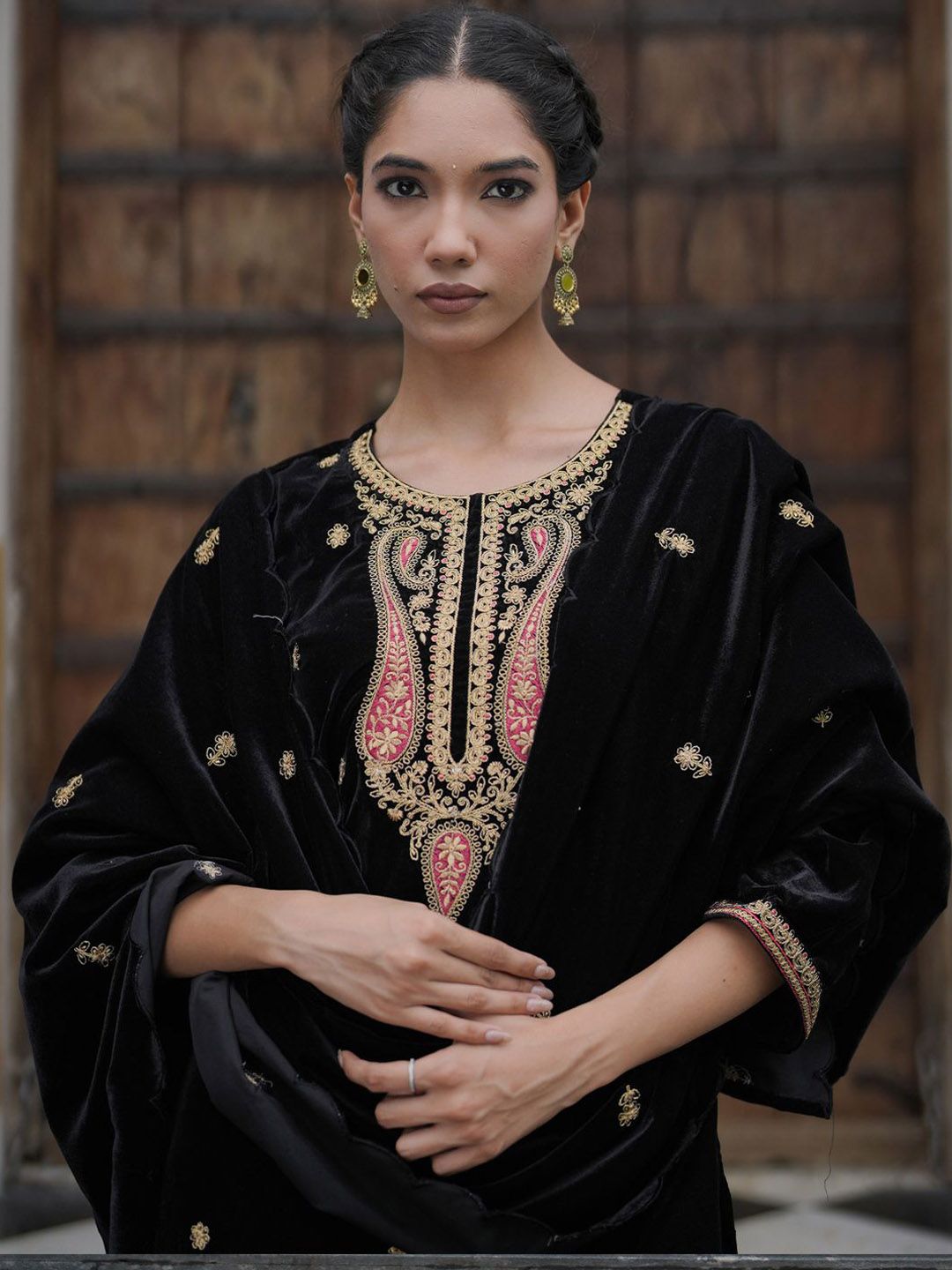 Indyancart IE Ethnic Motifs Embroidered Velvet Kurta with Trousers & Dupatta