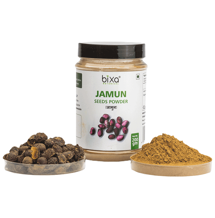 Bixa Botanical Jamun Powder, Ayurvedic herbal powder for health and wellness, shown in a clear container with a natural background.