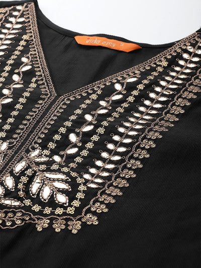 Indyancart IE Ethnic Motifs Zari Embroidered Liva Kurta With Sharara & Dupatta