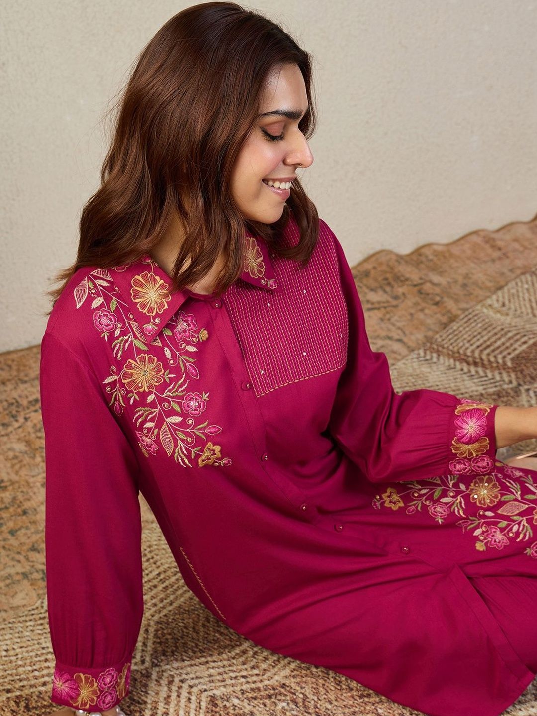 Indyancart IE Embroidered Pure Cotton Tunic With Trouser Co-Ords