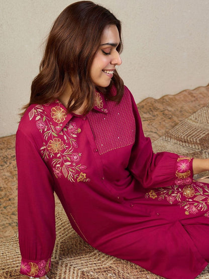 Indyancart IE Embroidered Pure Cotton Tunic With Trouser Co-Ords