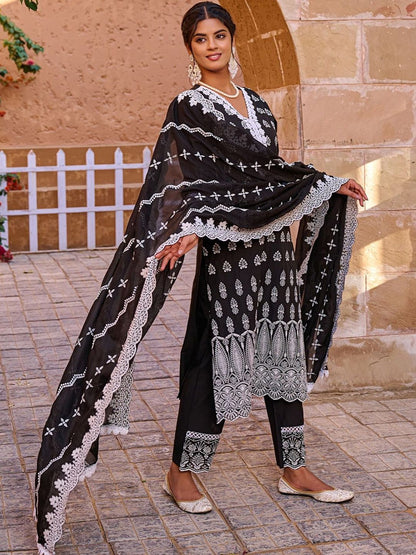 Women Ethnic Motifs Embroidered Regular Pure Cotton Kurta With Trousers & Dupatta