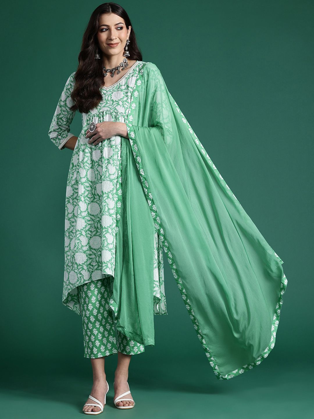Indyancart IE Floral Printed Empire Mirror Work Pure Cotton Kurta with Trousers & Dupatta