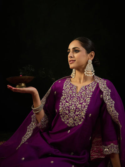Indyancart IE Notched Neck Floral Embroidered Liva Kurta with Trouser & Dupatta