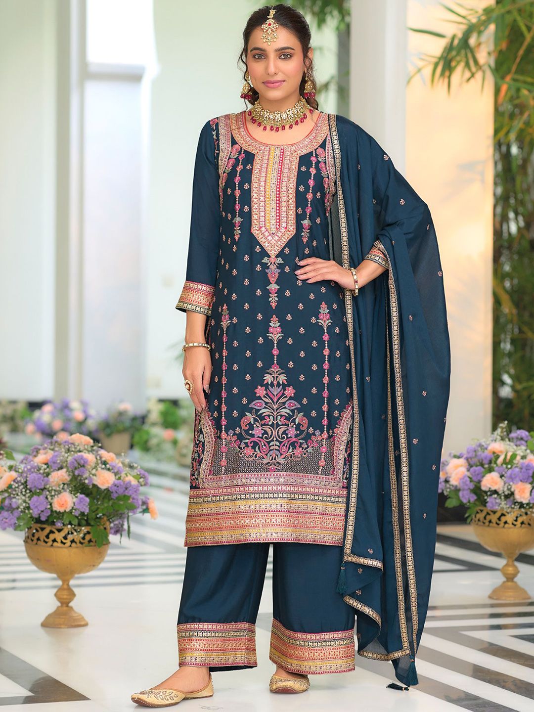 Indyancart IE Women Ethnic Motifs Embroidered Regular Mirror Work Kurta with Palazzos & With Dupatta