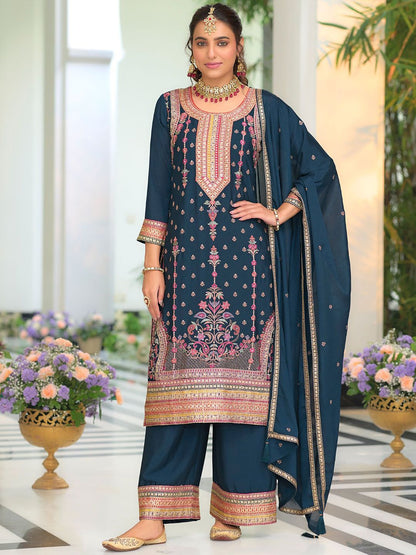 Indyancart IE Women Ethnic Motifs Embroidered Regular Mirror Work Kurta with Palazzos & With Dupatta