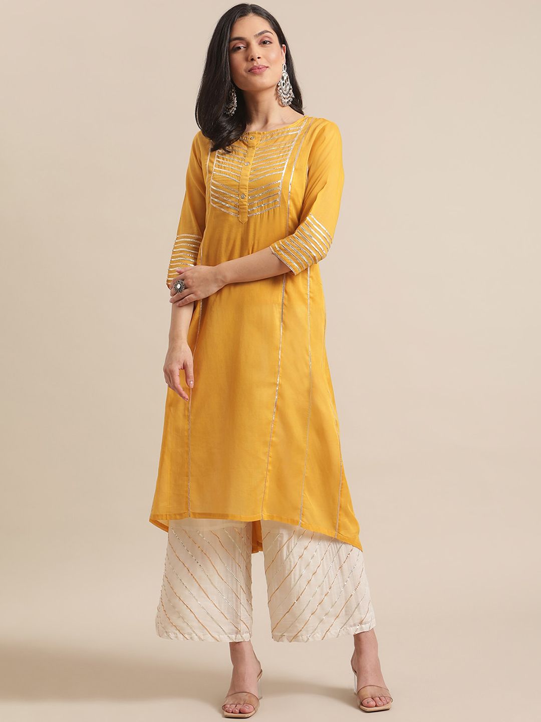 Indyancart VA Women's Mustard Yellow Panelled Gotta Patti Pure Cotton Kurta with Trousers