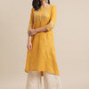 Indyancart VA Women's Mustard Yellow Panelled Gotta Patti Pure Cotton Kurta with Trousers